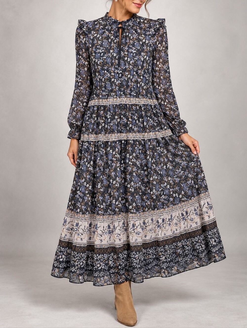 Antonio Melani Floral Tiered Ruffle Maxi Dress Elastic Waist Long Sleeve  Size 8